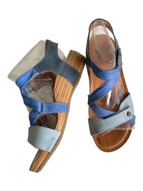 Taos Blue Leather Strappy Arch Support Wedge Sandals 40 9-9.5 Spain